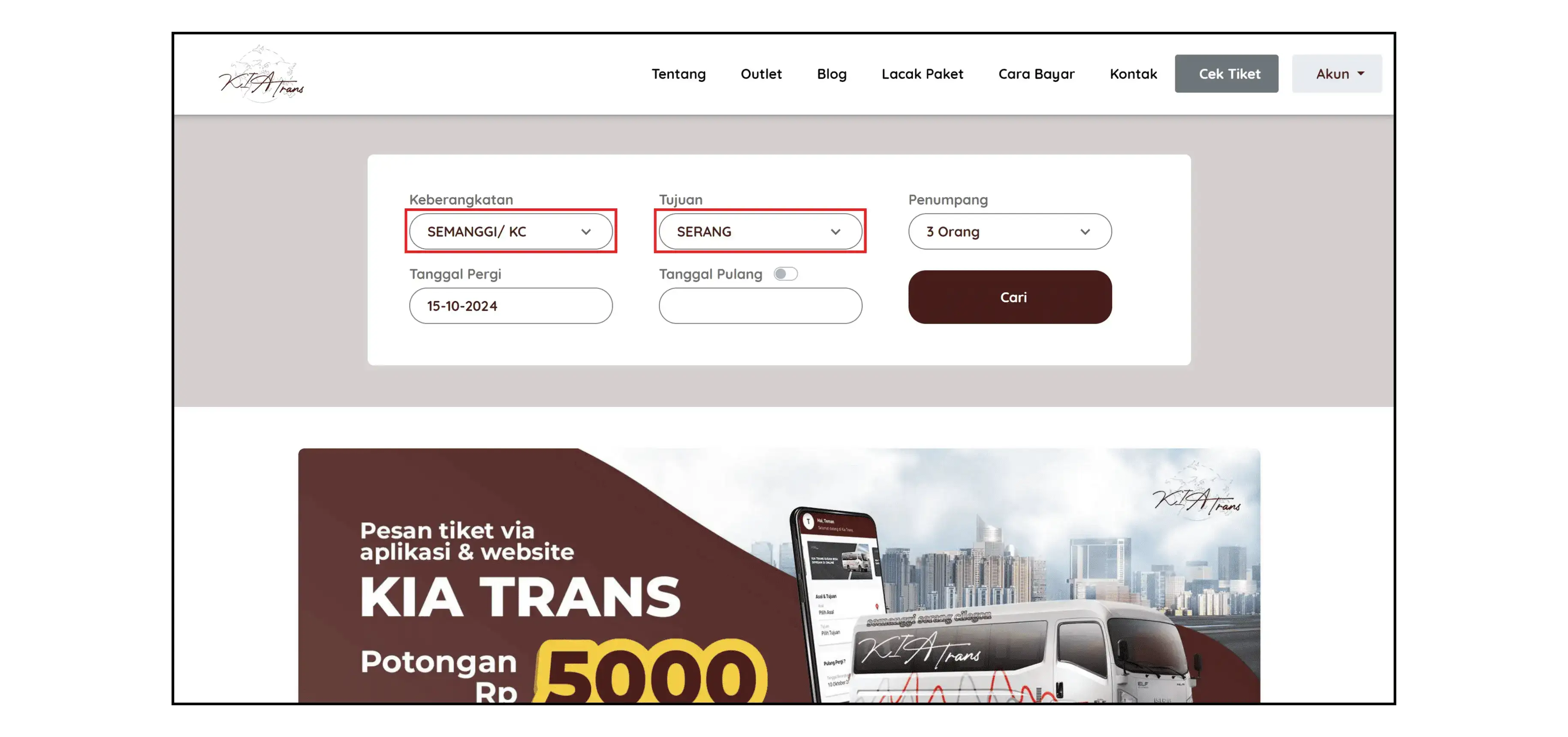 cari rute travel kia trans